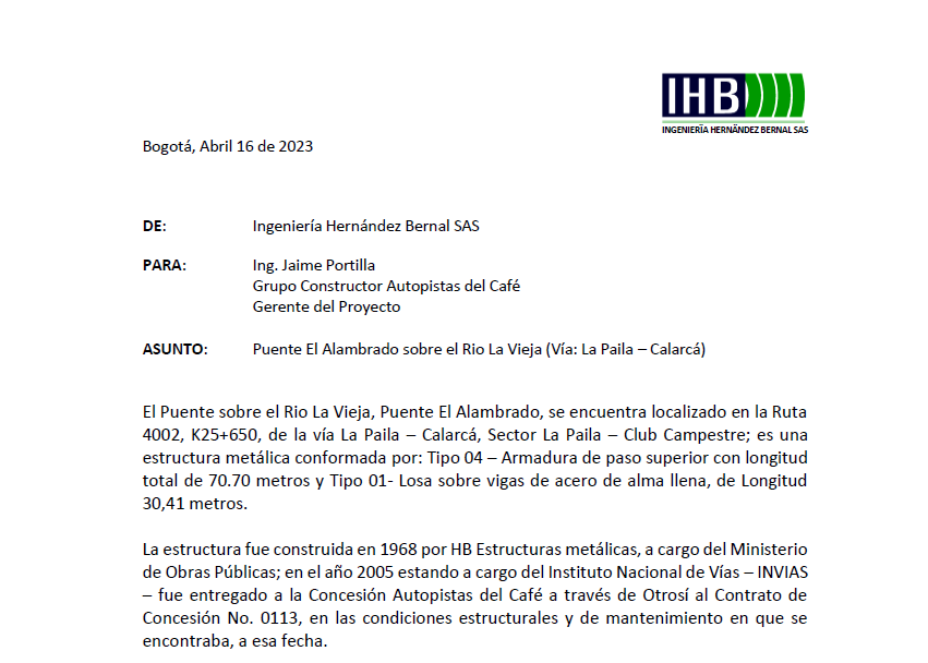 Informe Técnico Puente El Alambrado sobre el Rio La Vieja Informe Técnico Puente El Alambrado sobre el Rio La Vieja
