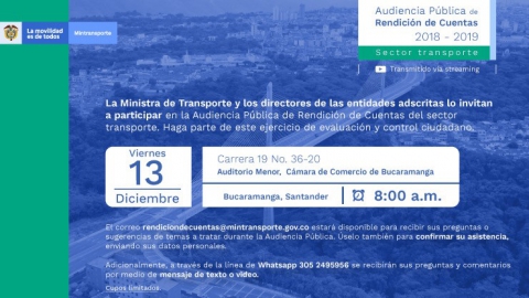 Invitación a participar en la Audiencia Pública de Rendición de Cuentas del sector transporte