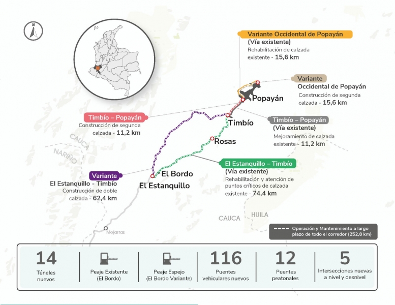 Mapa corredor vial El Estanquillo - Popayán